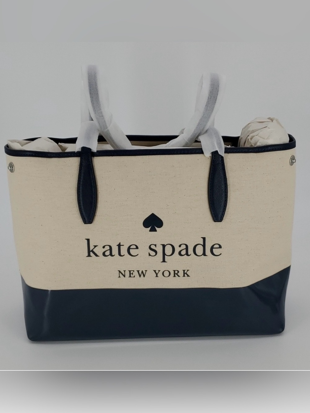 NWT kate spade Cream and Navy Canvas Tote with Logo